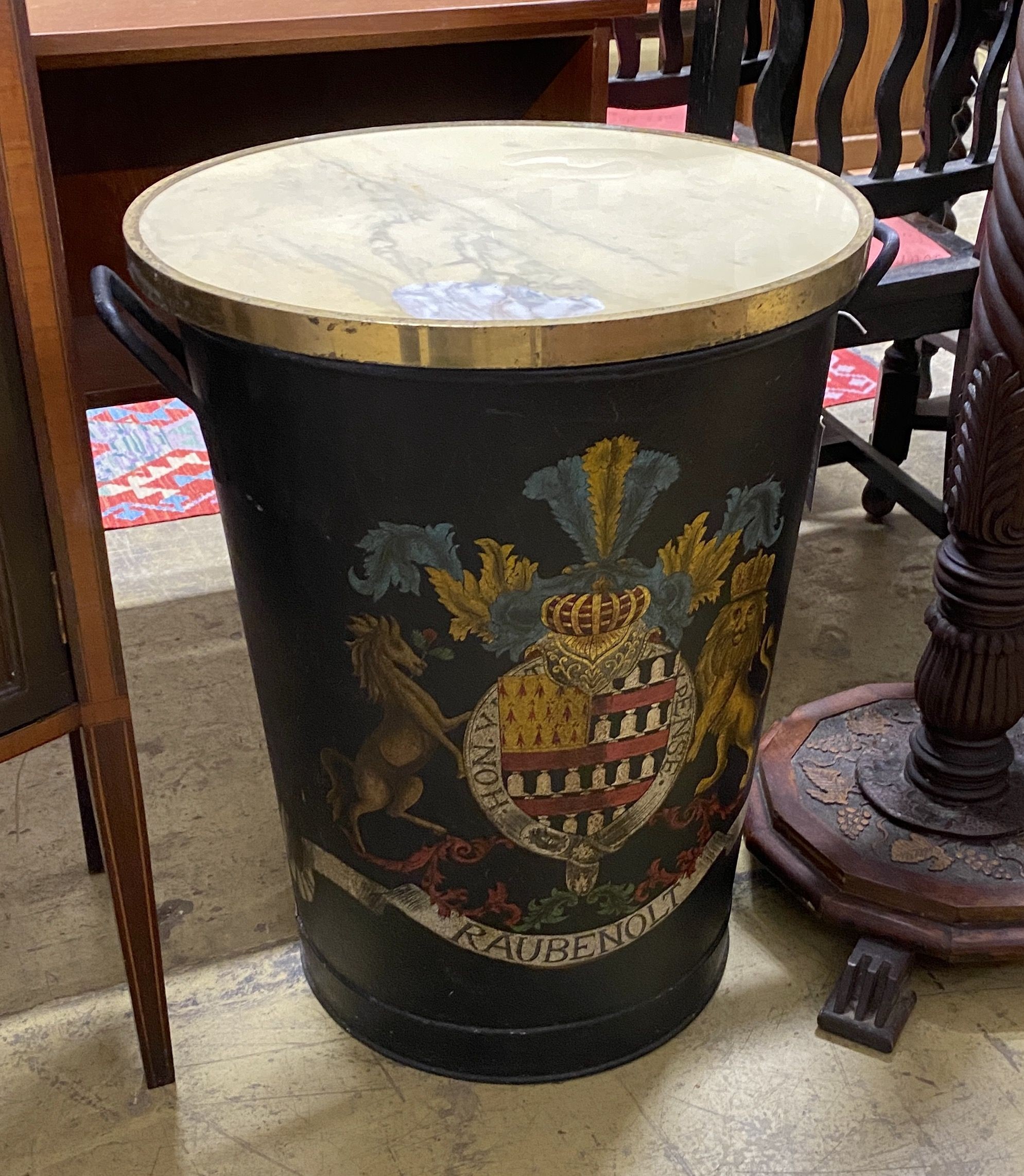 A marble topped painted metal bin decorated with an armorial, diameter 51cm, height 65cm